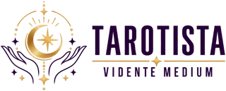 Logotipo con manos doradas e icono de estrella junto al texto morado “TAROTISTA” y “VIDENTE MEDIUM” sobre fondo blanco.