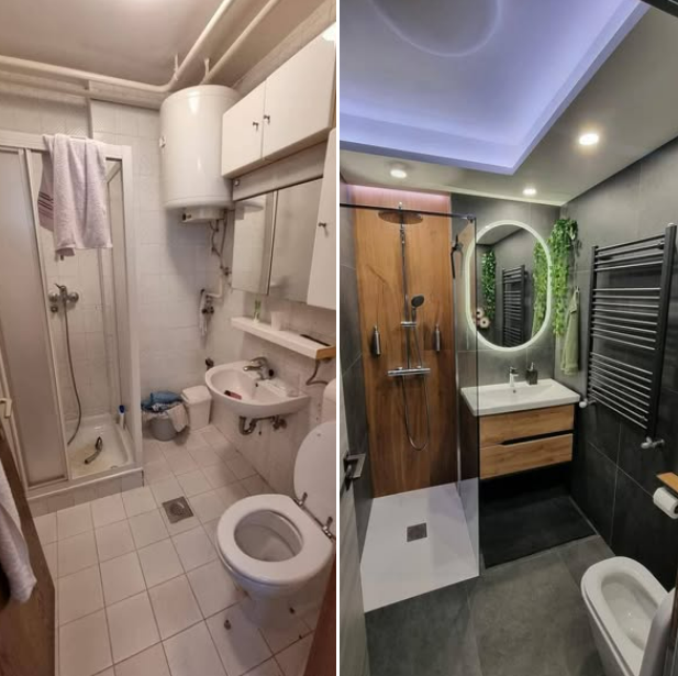 Présentation d'une salle de bains avant et après les travaux.