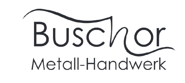Logo für BuschOr Metall-Handwerk. Über dem Namen „Buschor“ steht ein stilisierter Text mit einer Welle. 