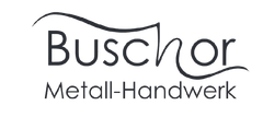 Logo für BuschOr Metall-Handwerk. Über dem Namen „Buschor“ steht ein stilisierter Text mit einer Welle. 