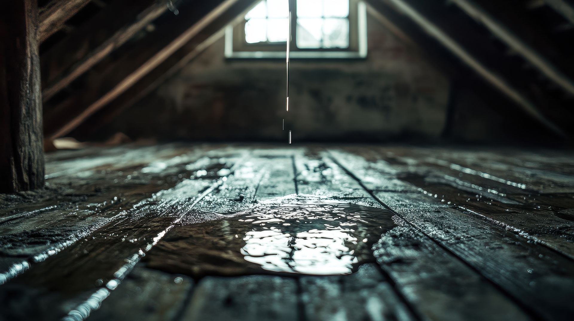 L'eau qui coule du plafond dans les combles.