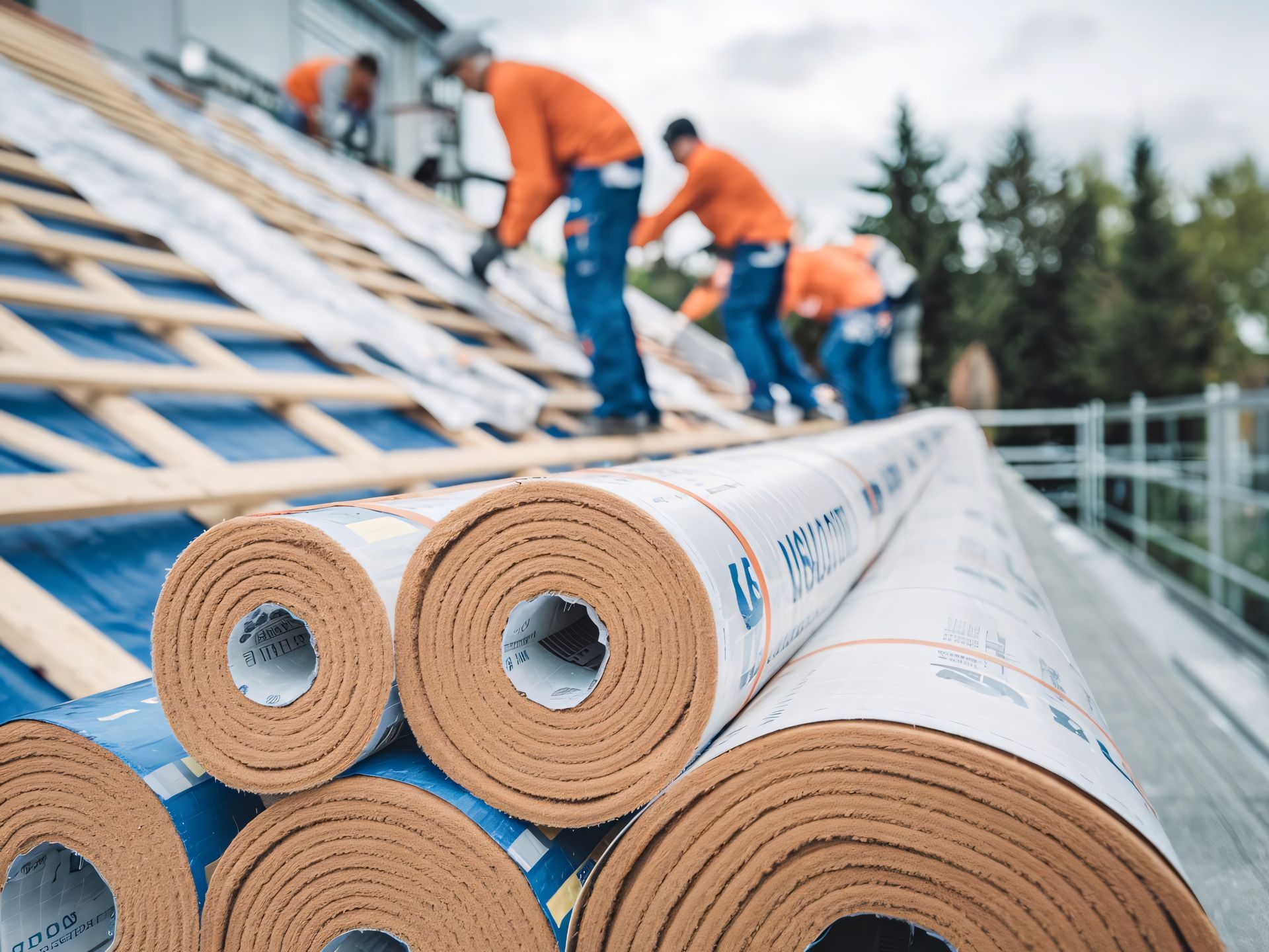 Gros plan sur les rouleaux d'isolant et les professionnels en arrière-plan.