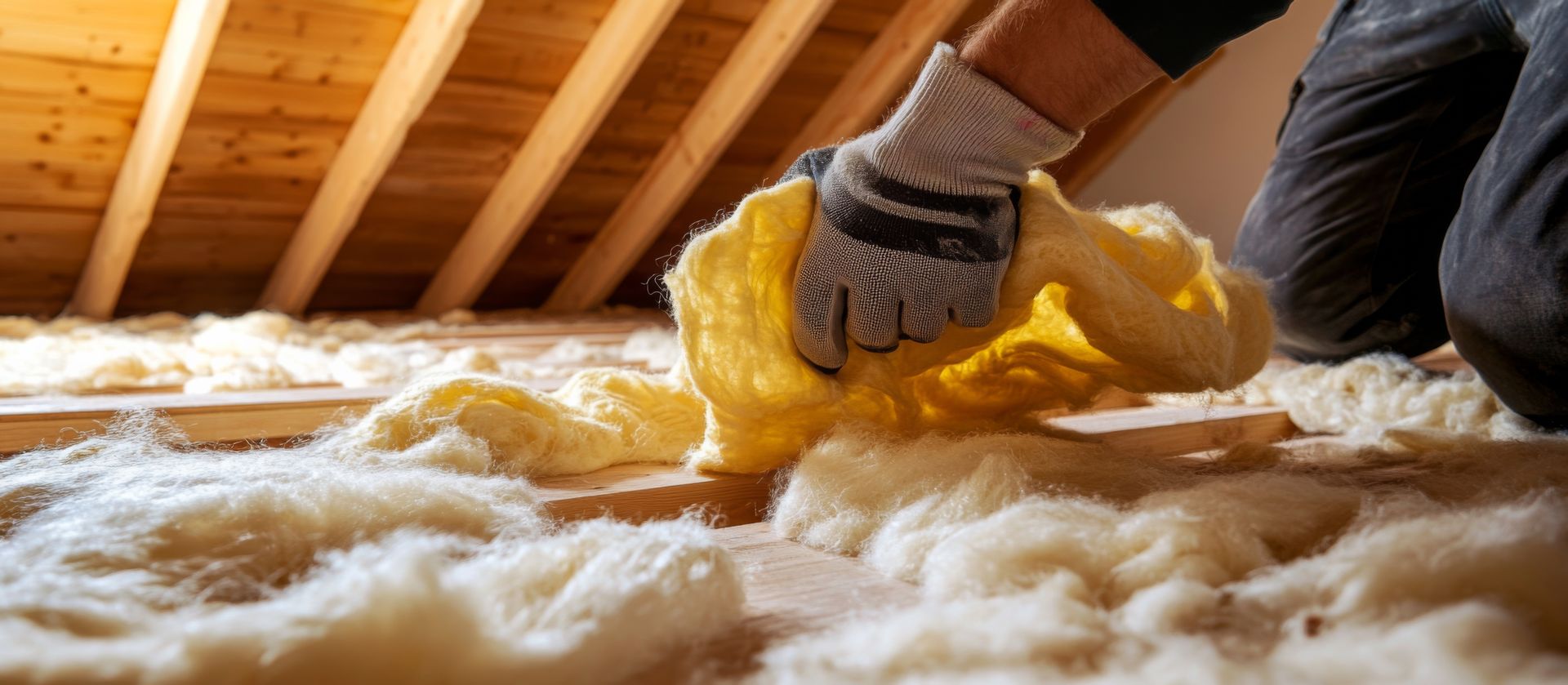 Gros plan sur les mains d'un professionnel en train de poser l'isolant dans les combles.