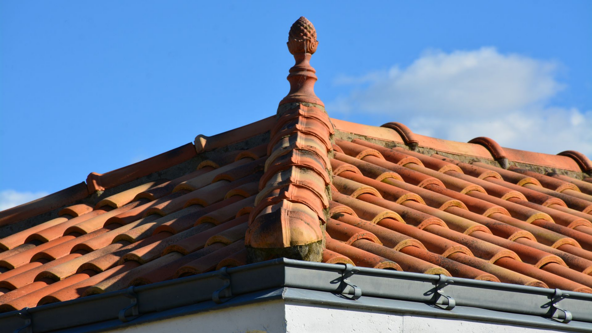 Gros plan sur une partie de toiture en tuile avec la gouttière et le faîtage.