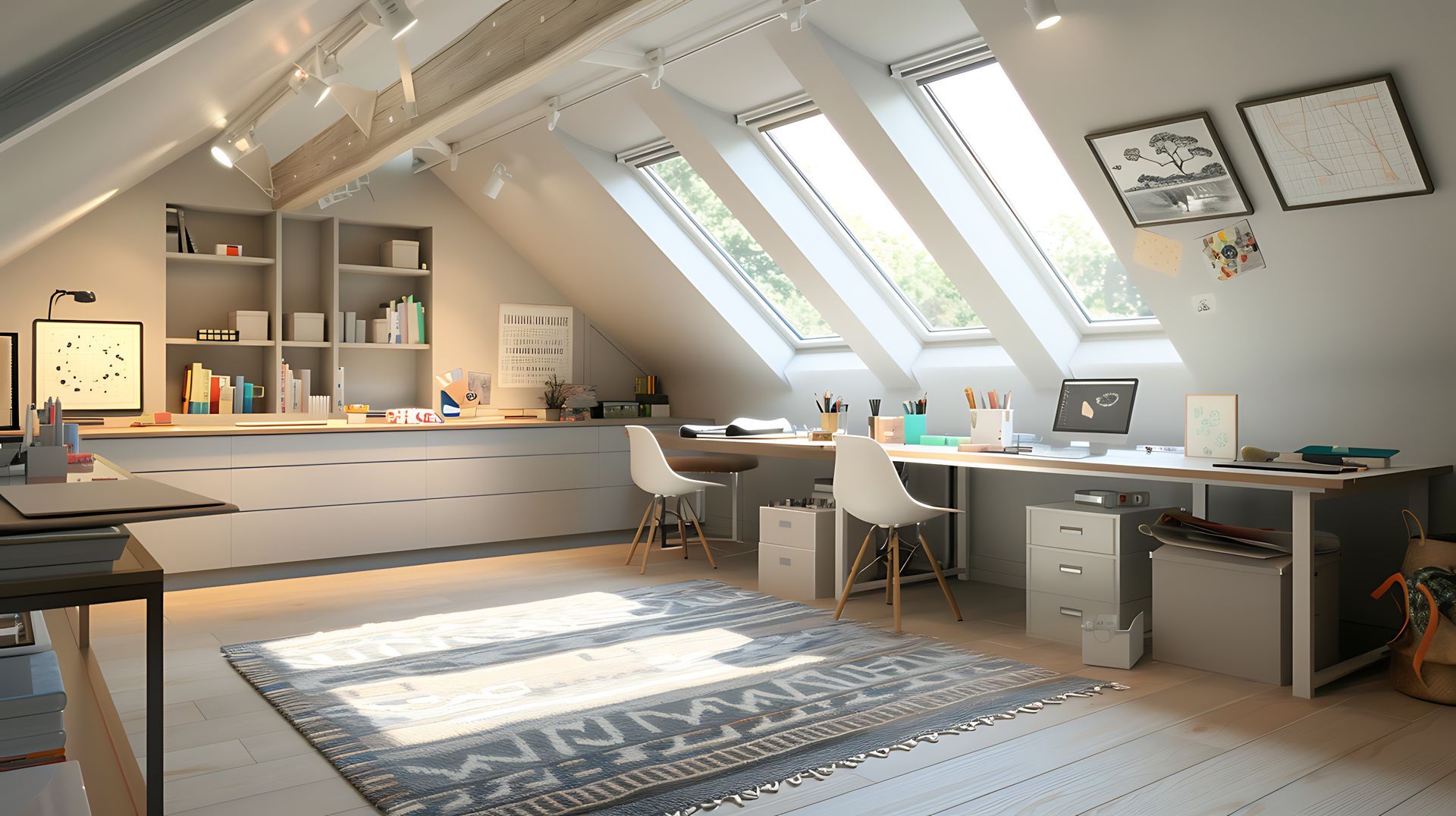 Intérieur d'une pièce sous les toits avec les fenêtres de toit.