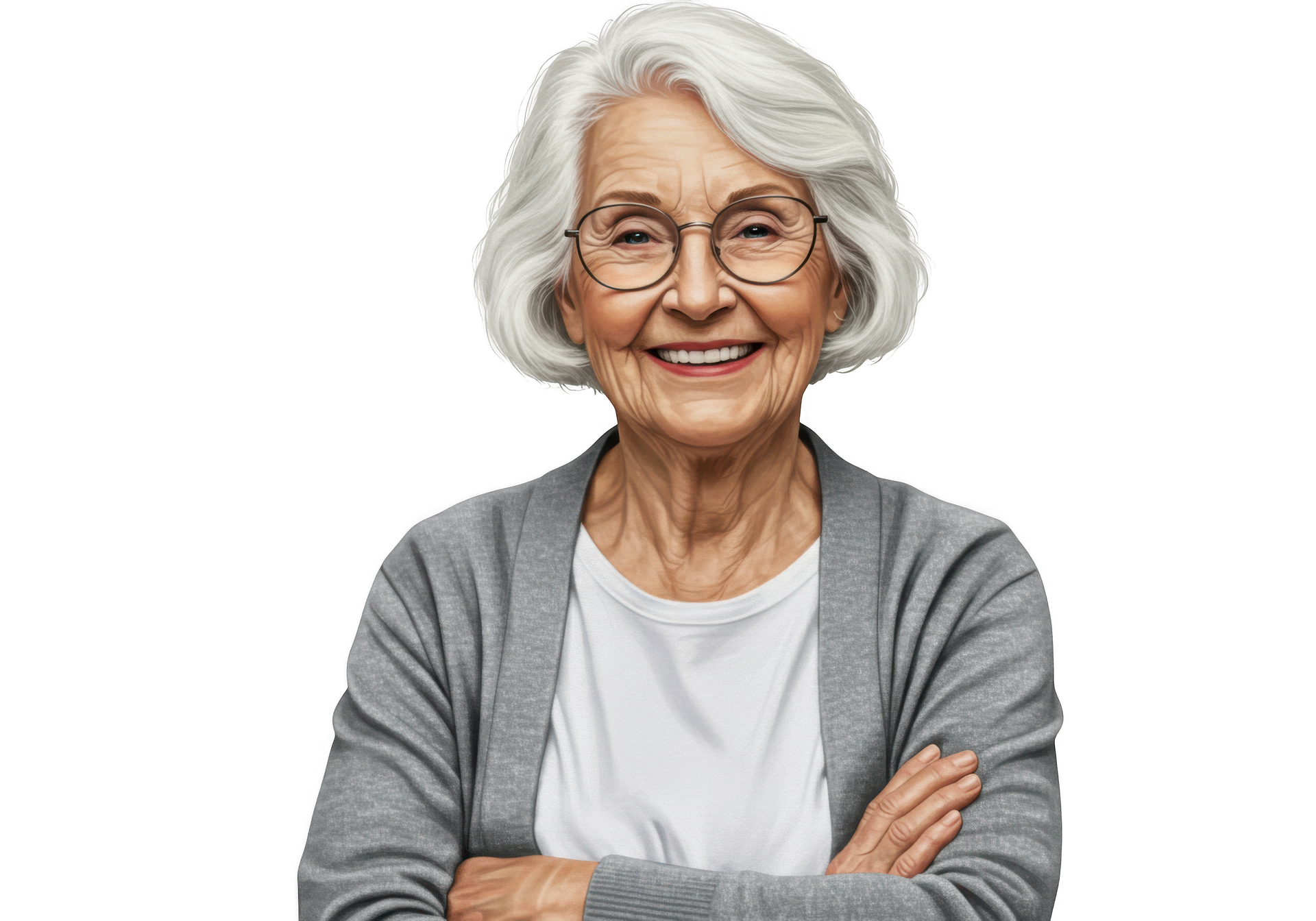 Femme âgée souriante aux cheveux blancs et portant des lunettes, vêtue d'un cardigan gris et les bras croisés, sur fond blanc