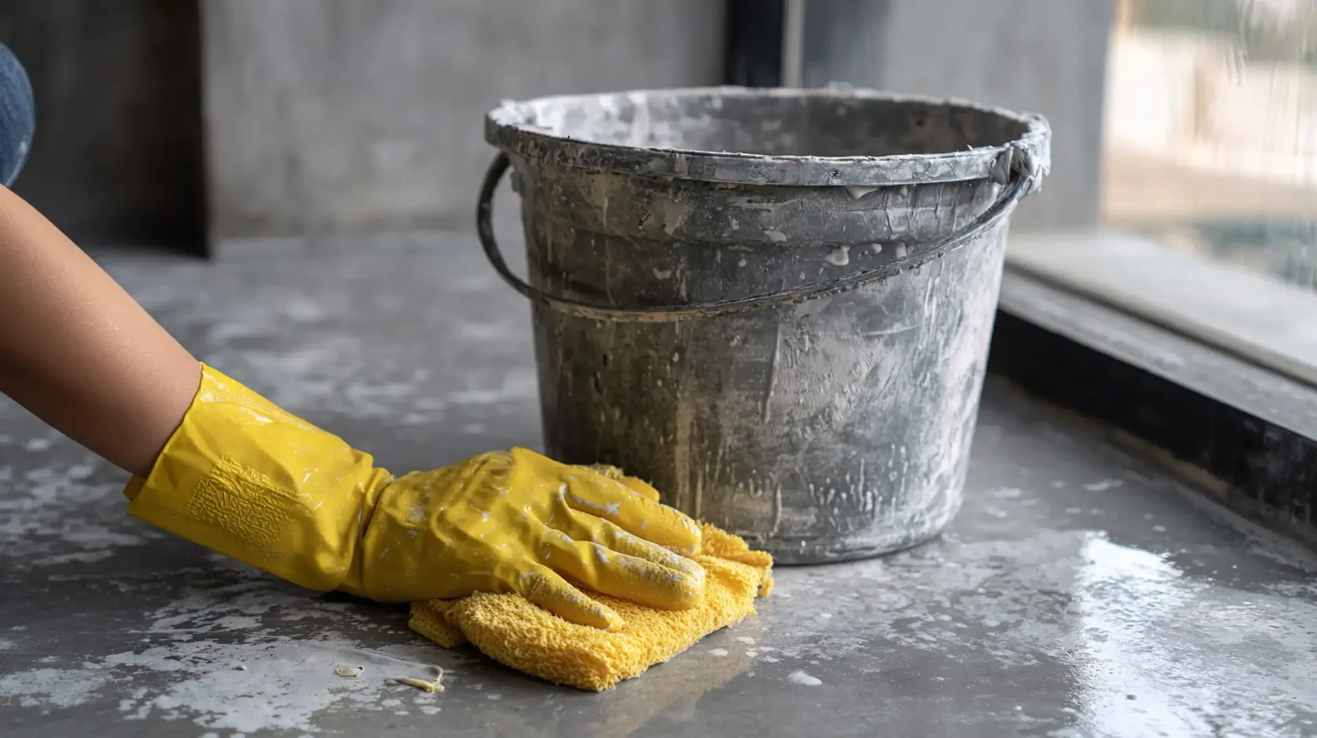Una persona que lleva un guante de goma amarillo limpia un suelo de hormigón gris y húmedo junto a un cubo polvoriento.
