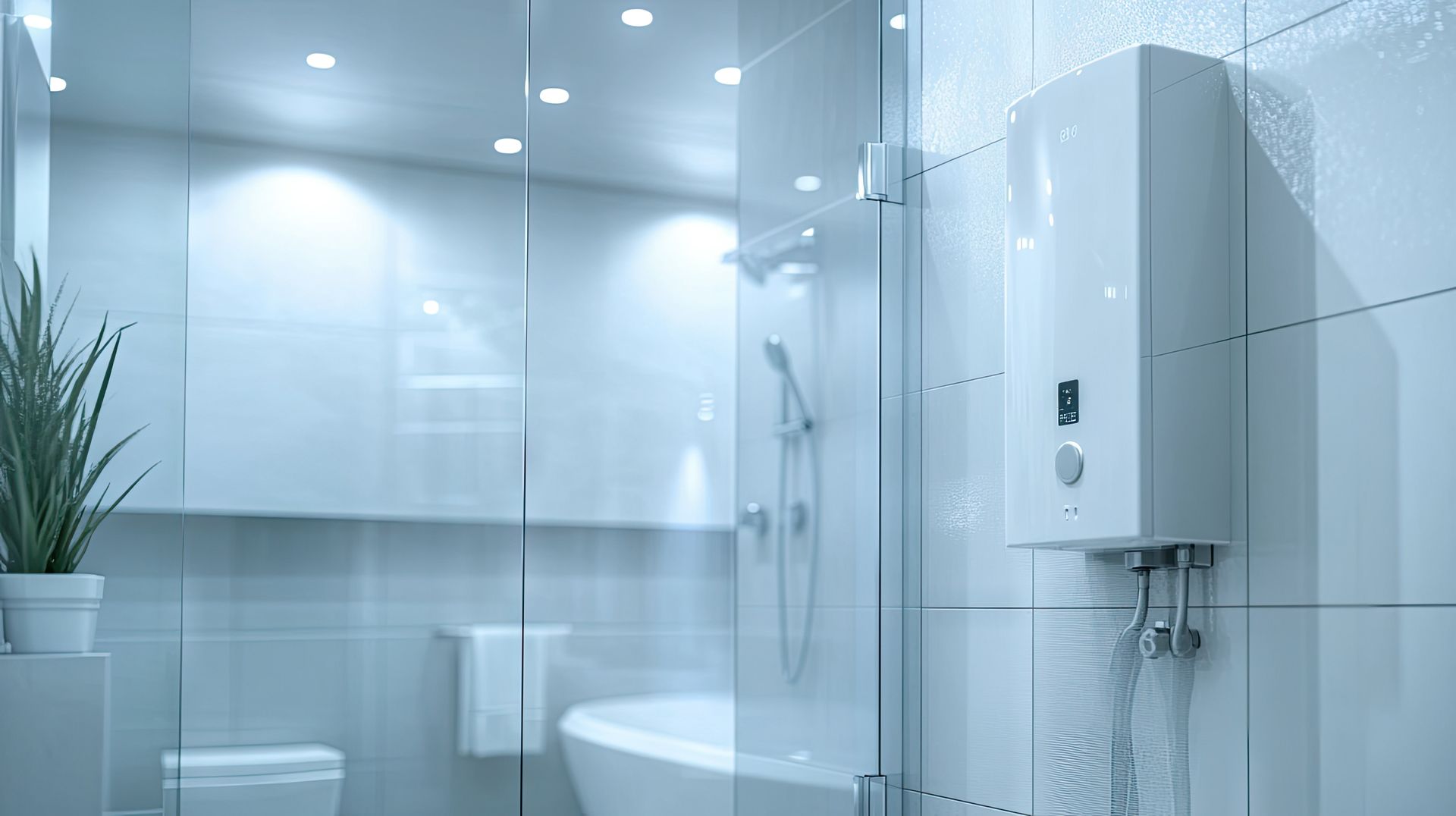 Salle de bains moderne avec un chauffe-eau électrique blanc fixé au mur carrelé.