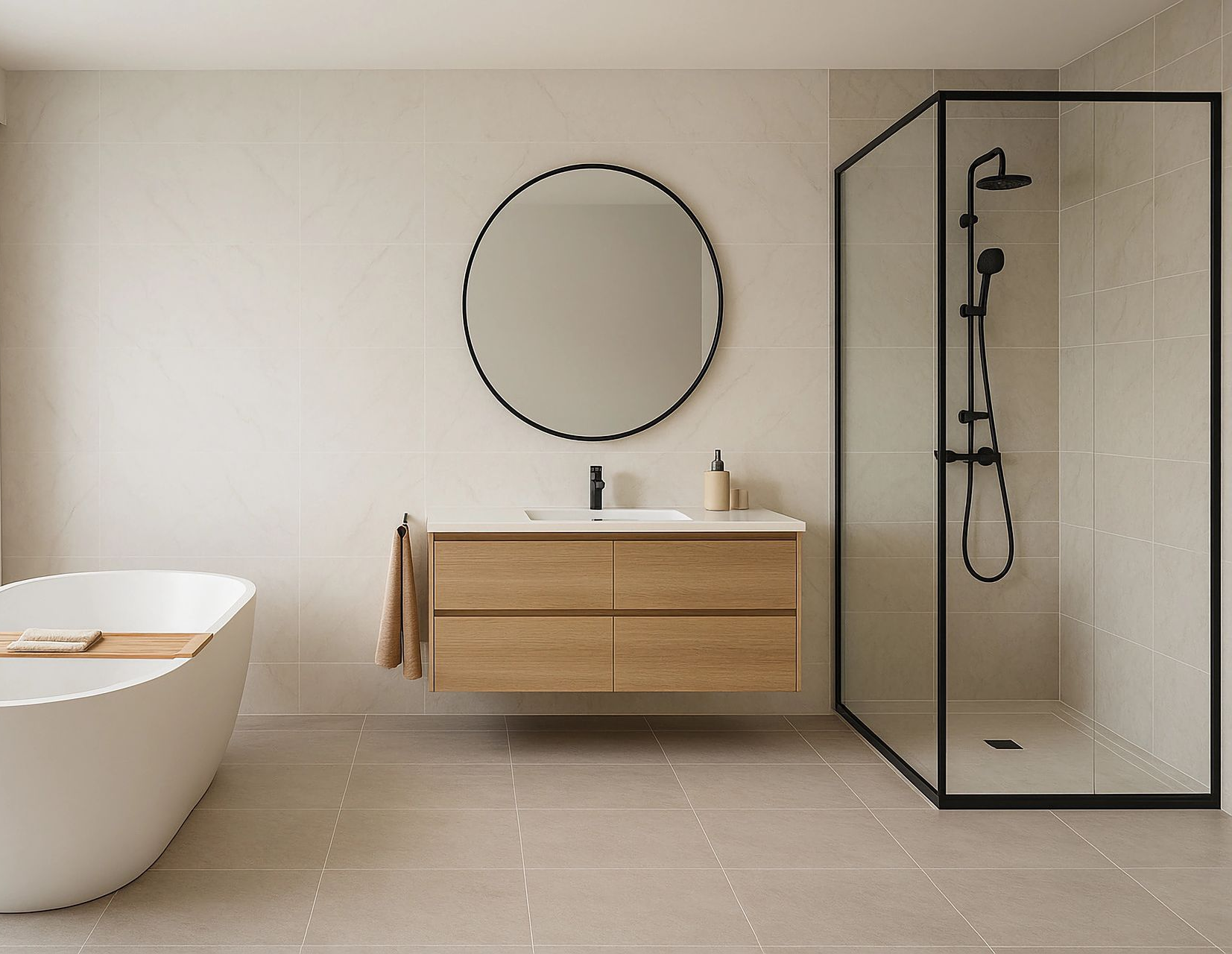 Salle de bains moderne avec baignoire, meuble-lavabo suspendu et douche à cadre noir.