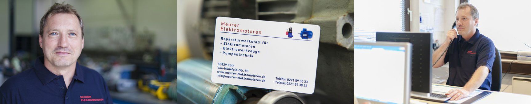 Ein Mann in einem blauen Hemd steht vor einer Maschine und telefoniert mit einem Mobiltelefon.