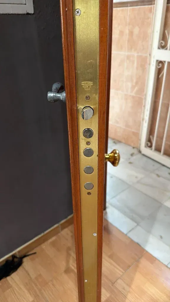Puerta abierta que deja ver una placa de cerradura y un pestillo de color dorado en un marco de madera