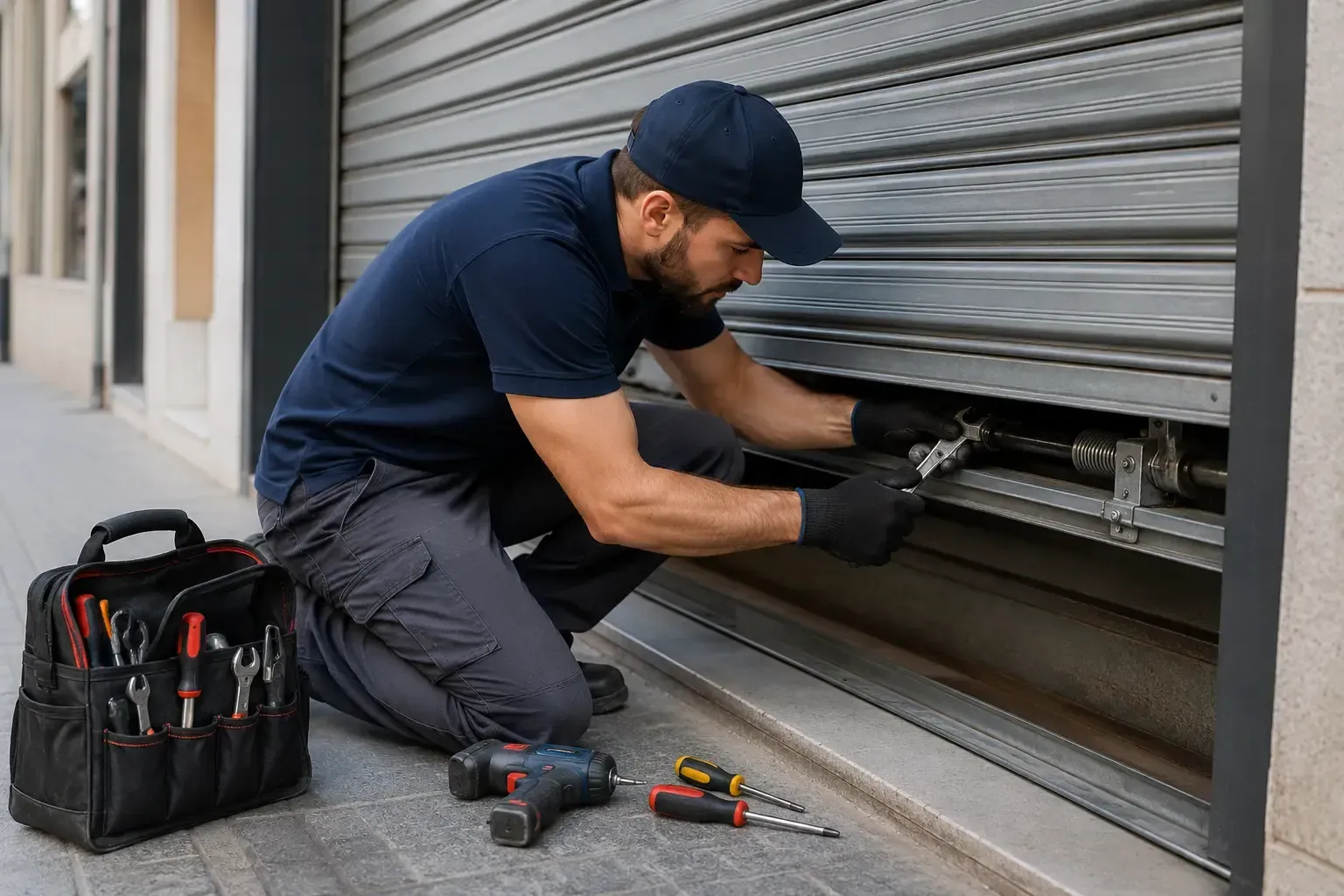 Técnico reparando una puerta metálica enrollable con herramientas a su lado en el exterior de un edificio.