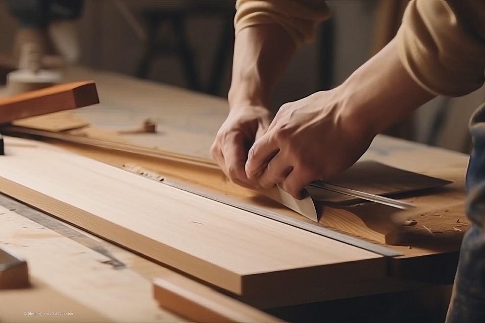 Mitarbeiter von Rüger Holzbau bearbeitet Holz