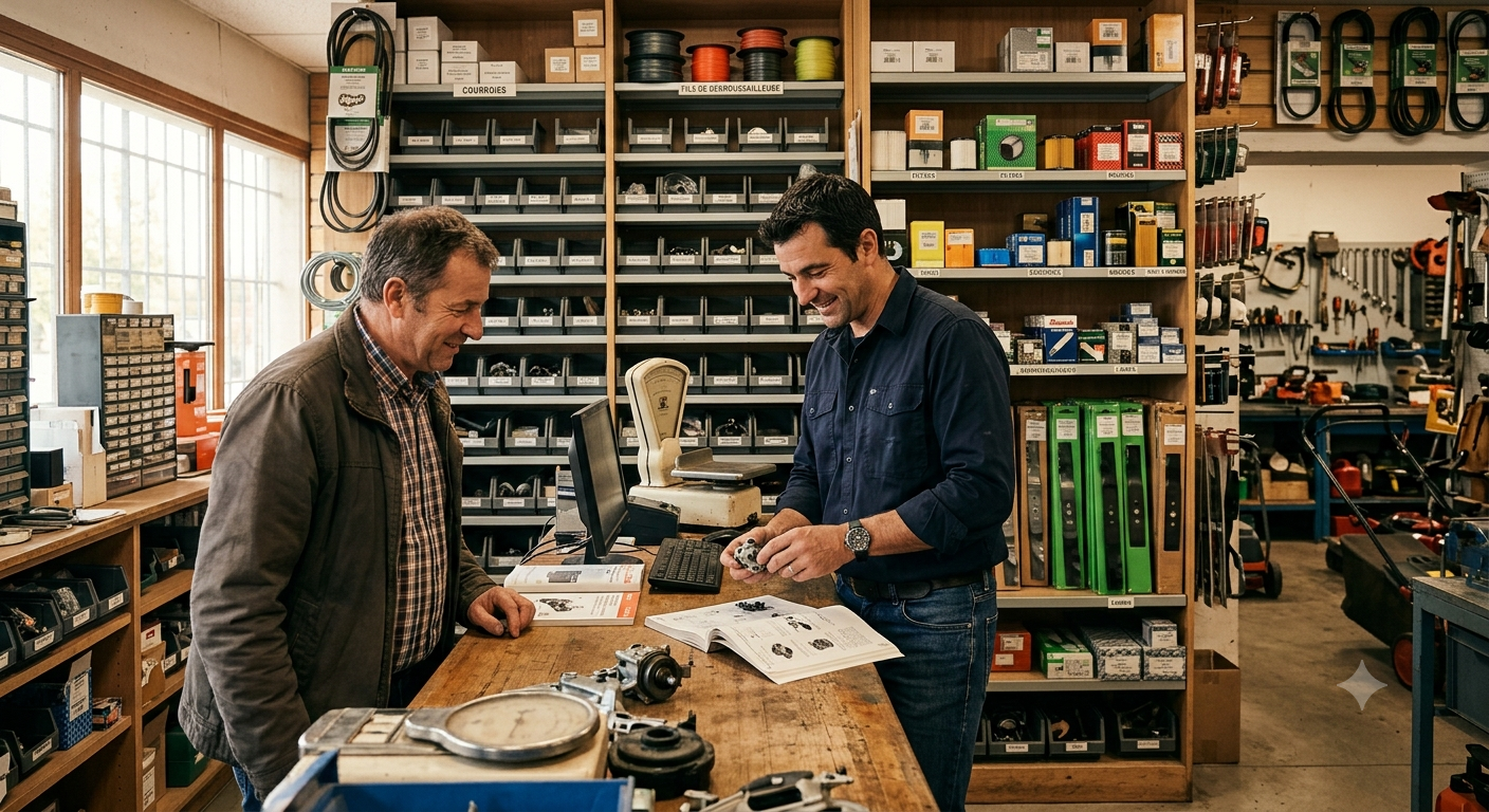 Deux hommes travaillent à un établi encombré dans un atelier