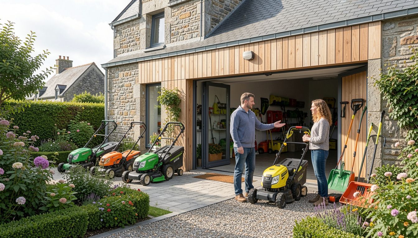 Des personnes déchargent des outils et du matériel d'un garage dans un jardin