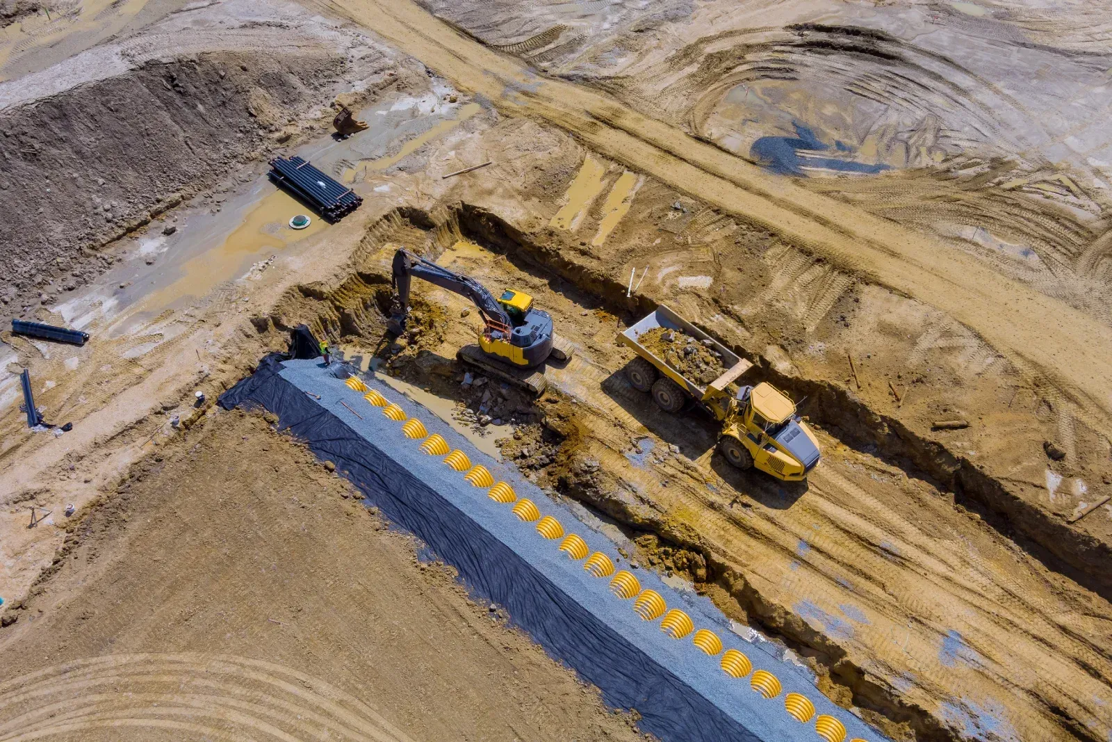 Una vista aérea de un sitio de construcción con una excavadora y un camión.