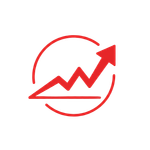 Un icono de gráfico de línea roja con una marcada tendencia ascendente, encerrado dentro de un borde circular discontinuo.