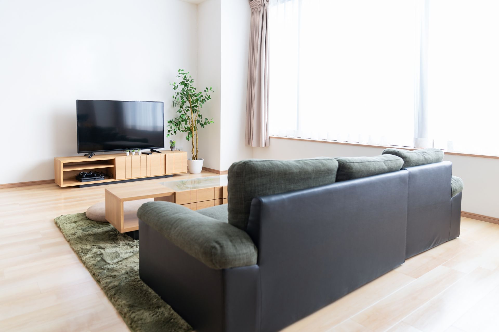 Un canapé vu de dos en face d'une table basse et d'un meuble TV en bois