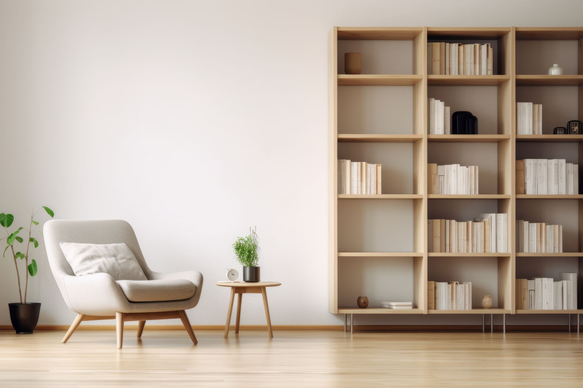 Un fauteuil près d'une petite table qui présente une plante