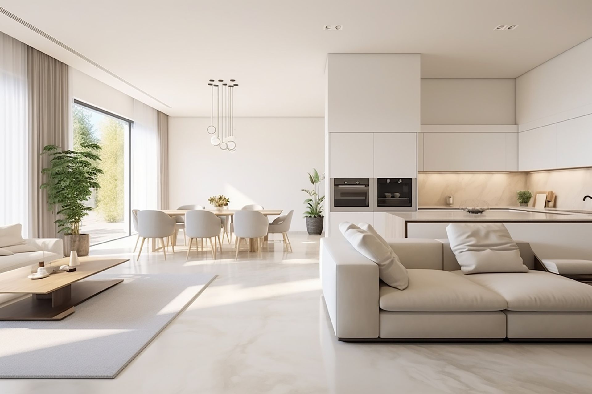 Un canapé et une table avec des chaises dans une grande pièce éclairée par la lumière naturelle