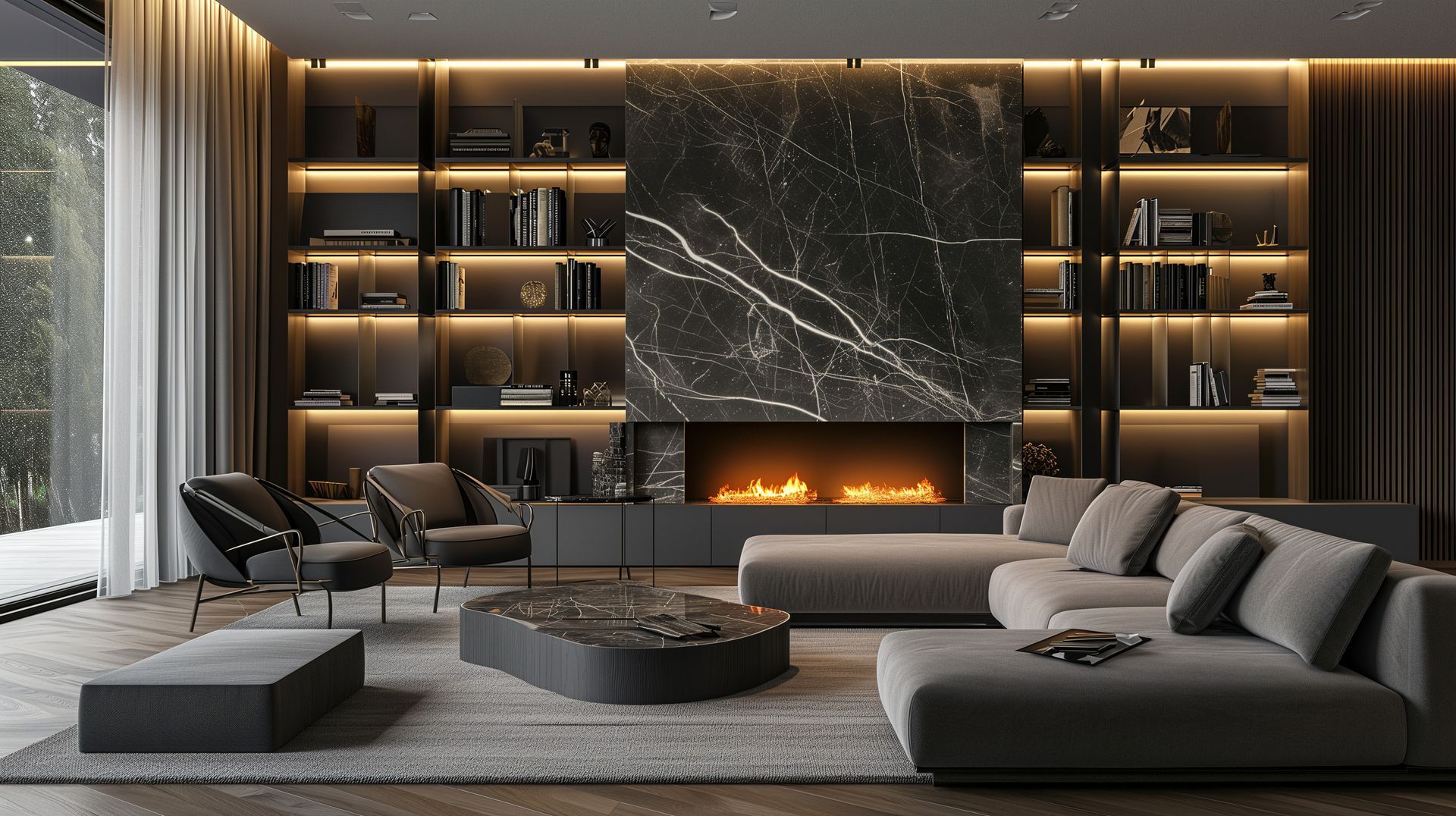 Une pièce sombre avec un canapé, deux fauteuils et une cheminée allumée