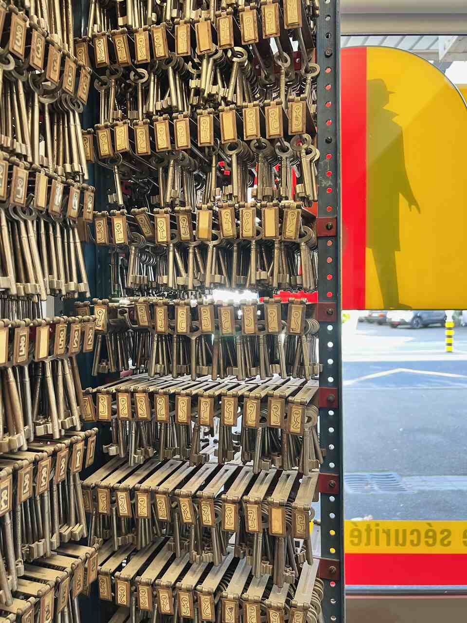 Un trousseau de clés est accroché sur un support dans un magasin