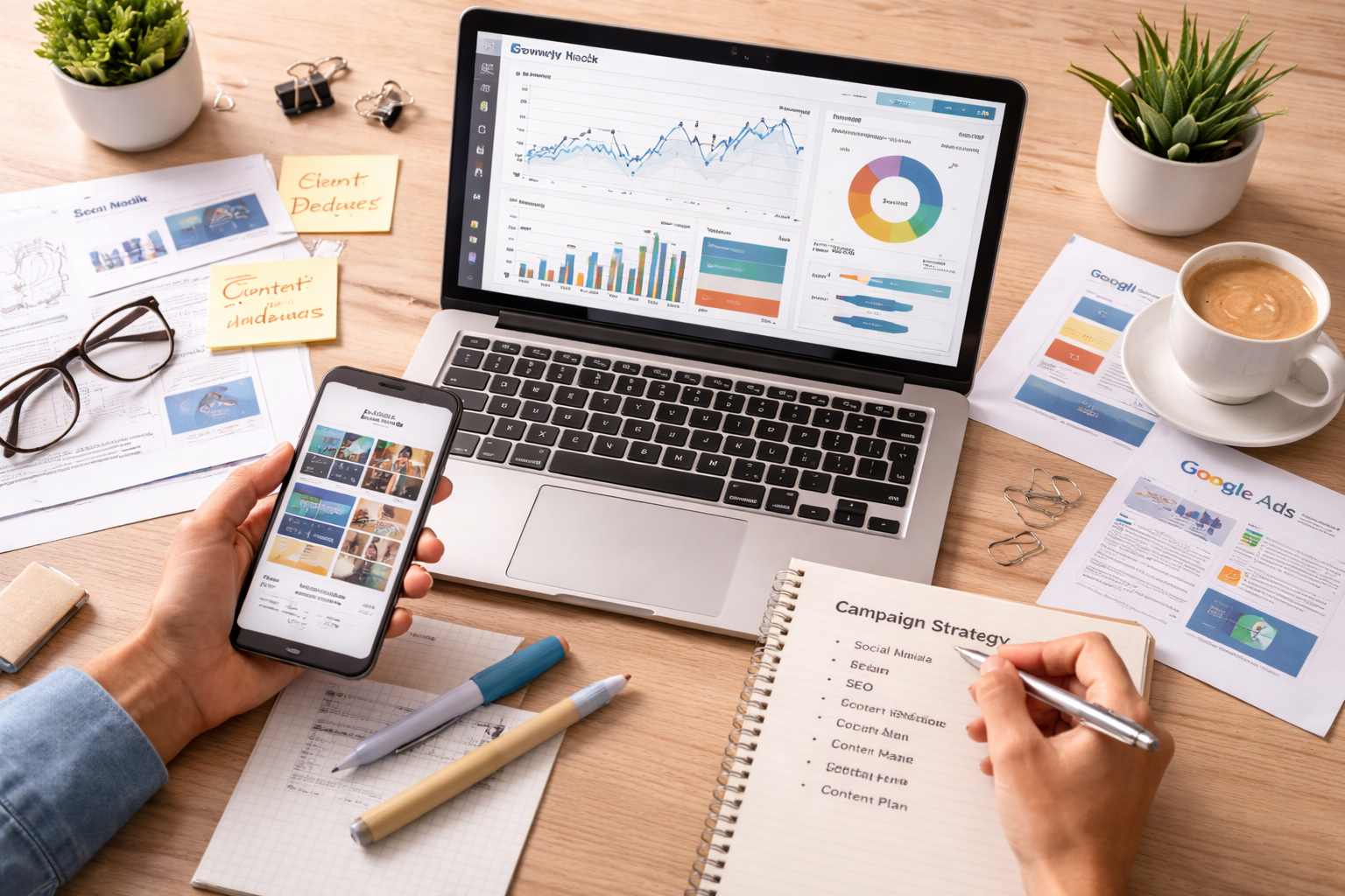 Persona alla scrivania che analizza i dati sul computer portatile e sul telefono, prende appunti e beve un caffè.