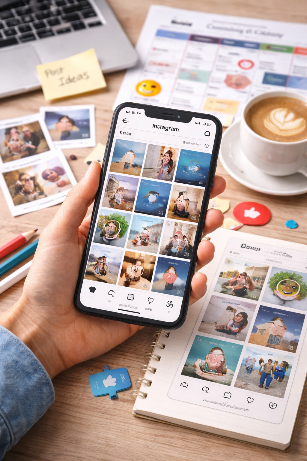 Persona che tiene in mano un telefono e mostra una griglia di foto; taccuino e caffè sulla scrivania.