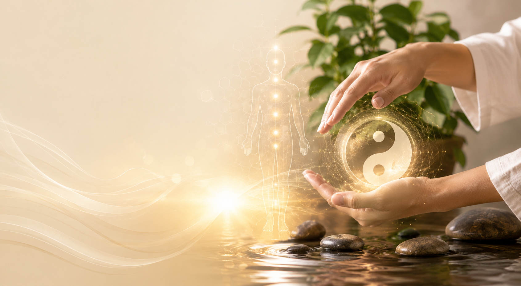 Manos sosteniendo una esfera de energía verde brillante sobre monedas y una planta bajo una luz cálida, simbolizando el ahorro y el crecimiento.