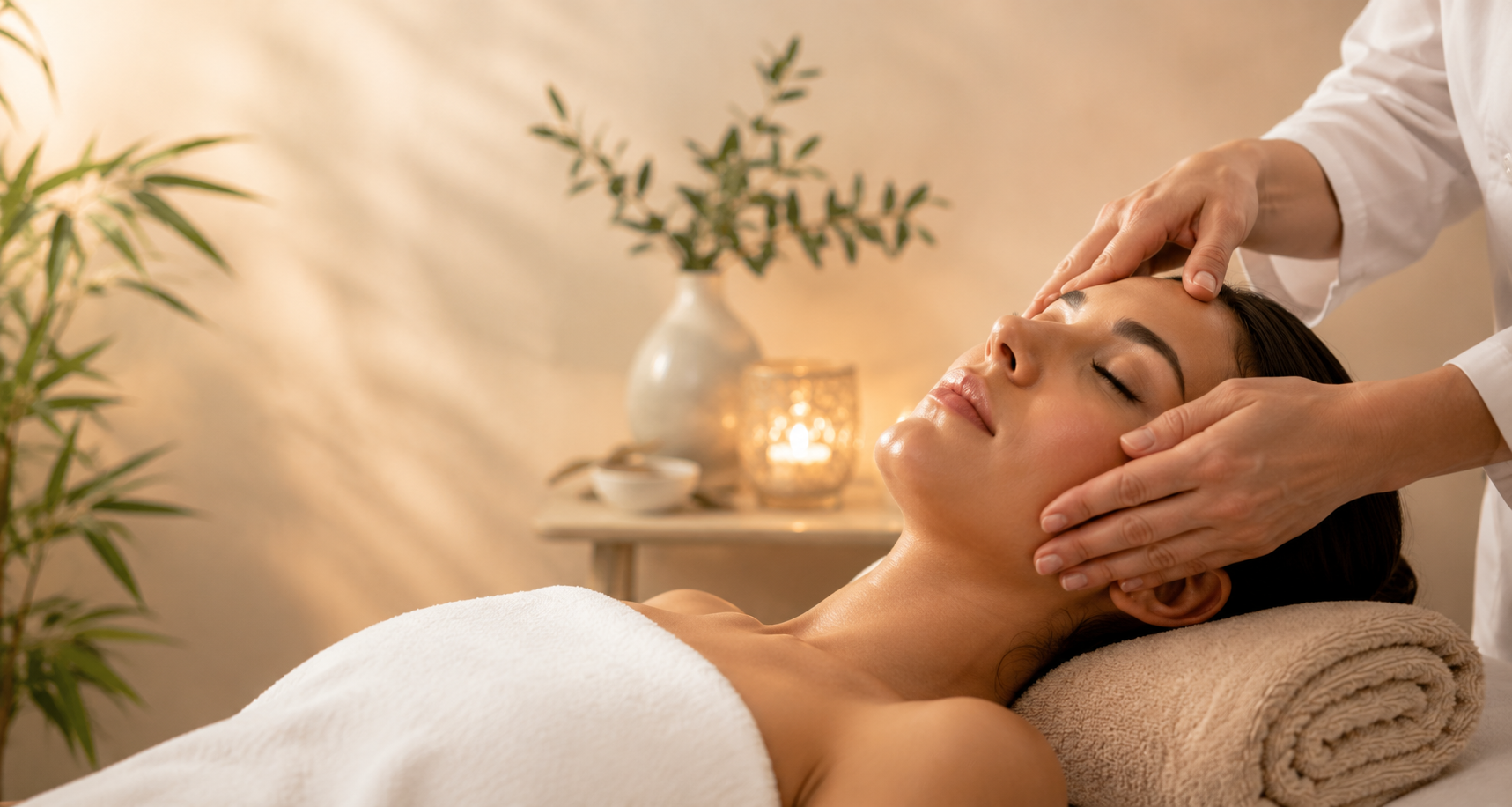 Mujer recibiendo un masaje facial en un ambiente tranquilo de spa con velas e iluminación cálida.