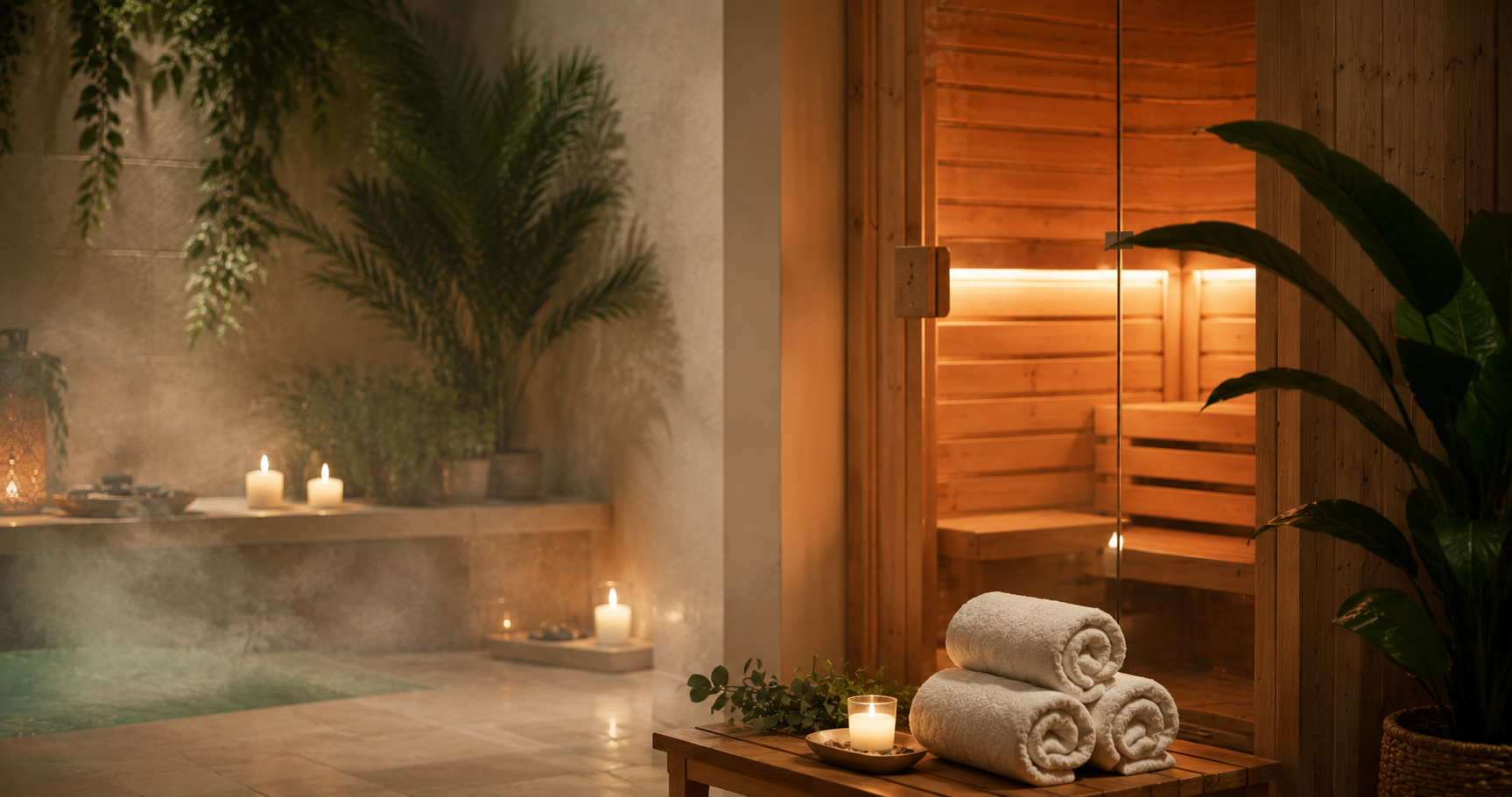Spa iluminado con velas con bañera de hidromasaje humeante, toallas enrolladas, plantas de palmera y cálida decoración de madera.