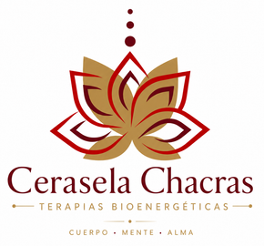 Logotipo de Cerasea Chakras con dise&ntilde;o de loto en dorado y burdeos y las palabras "Terapias Bioenerg&eacute;ticas" y "Cuerpo &bull; Mente &bull; Alma".