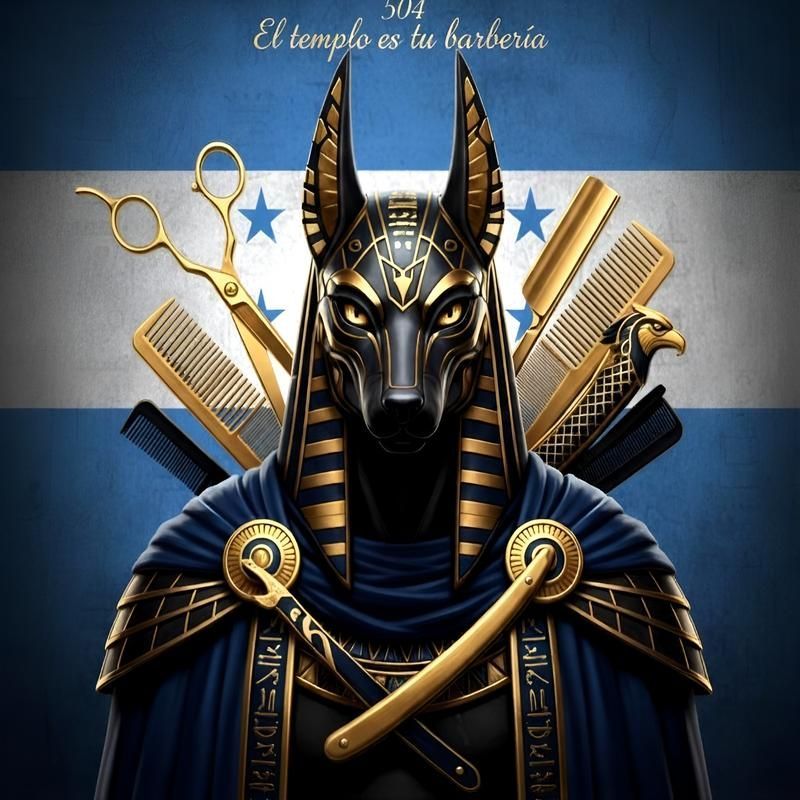 Figura de Anubis con herramientas de barbero, fondo de bandera hondure&ntilde;a.