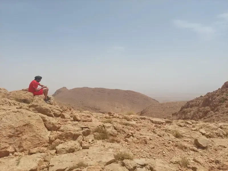 Una persona con una camisa roja está sentada en una cornisa rocosa del desierto, contemplando