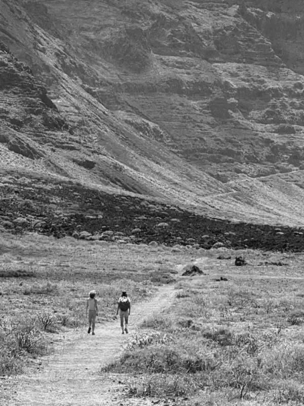 Dos personas caminan por un sendero de tierra a través de un vasto valle cubierto de hierba