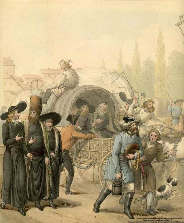 Polnisch-jüdische Kaufleute auf dem Weg nach Leipzig
Radierung von G. E. Opiz, Stadtgeschichtliches Museum Leipzig, Quelle: Jüdische Gemeinden