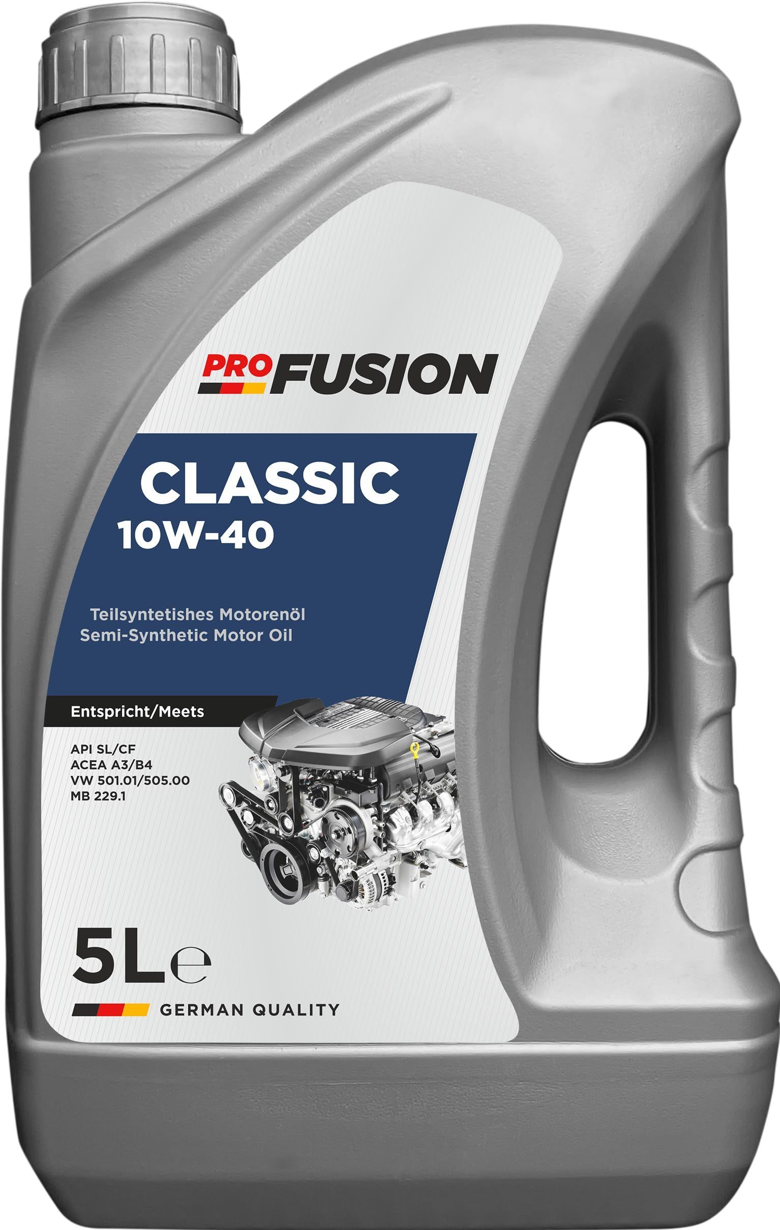 Una garrafa de plástico gris de 5 litros de aceite de motor Profusion Classic 10W-40 con un gráfico de un motor en la etiqueta.