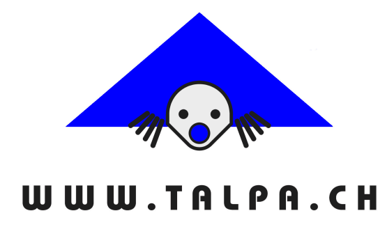 Ein blaues Dreieck mit einem Totenkopf darauf und die Website www.talpa.ch