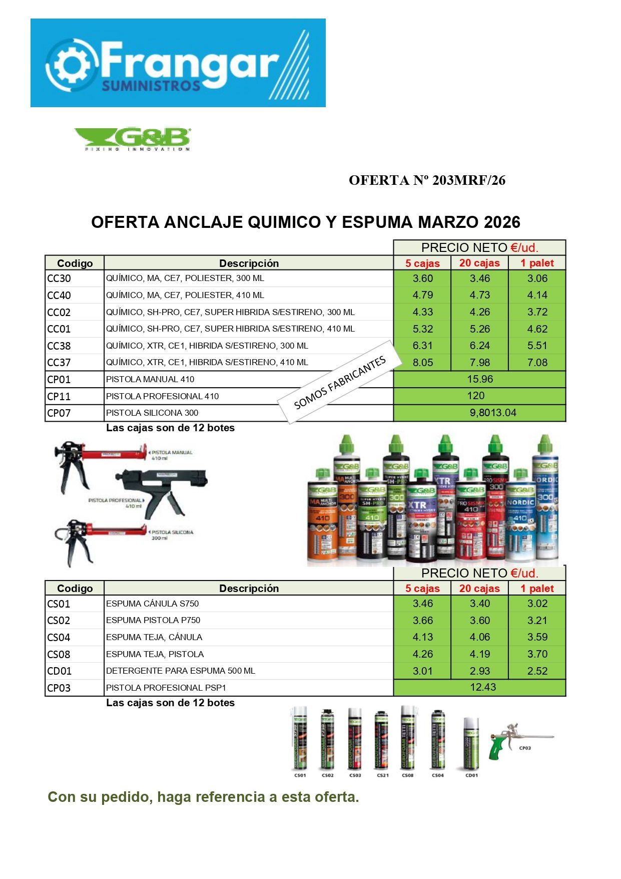 Página del catálogo de productos Frangar con gráficos, herramientas, productos químicos y tablas