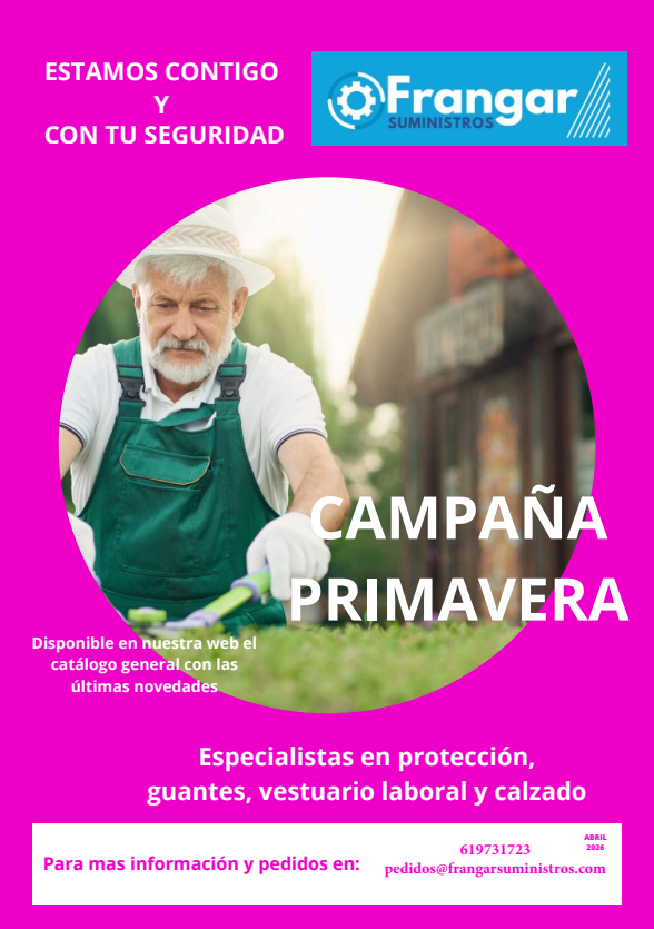 Cartel rosa de Frangar Suministros con un hombre en delantal verde y el texto “Campaña Primavera”