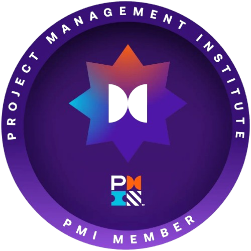 Insignia de miembro del PMI, violeta y blanca con logotipo abstracto, texto 