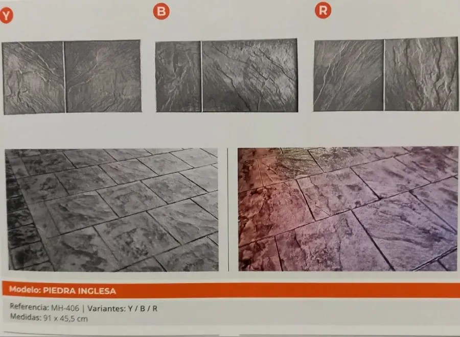 Muestras de baldosas de piedra en gris, etiquetadas Y y R, y muestras de pisos instalados.