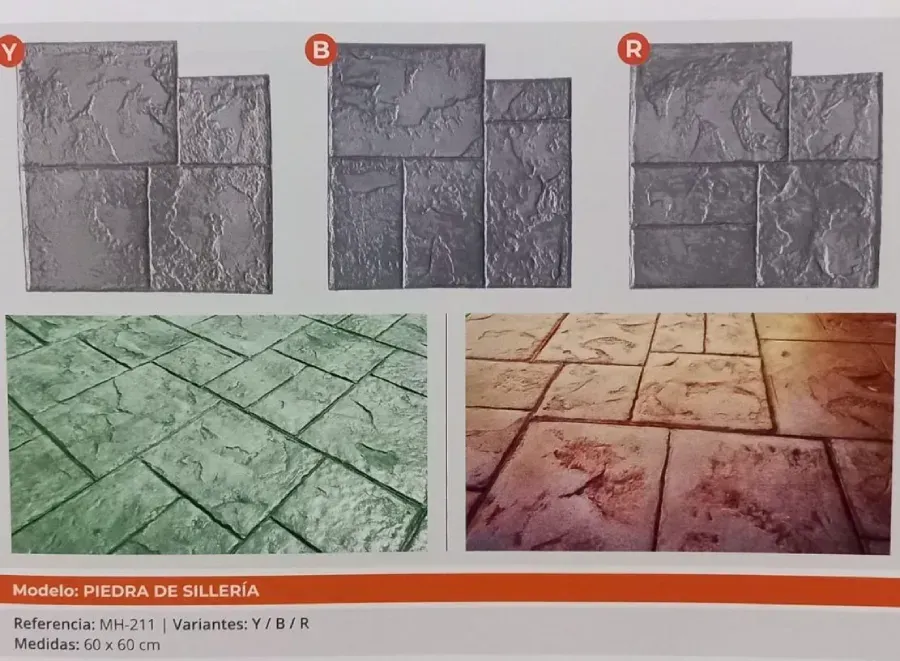 Ejemplos de adoquines de piedra, expuestos con tres opciones de color de arriba hacia abajo y dos instalaciones.