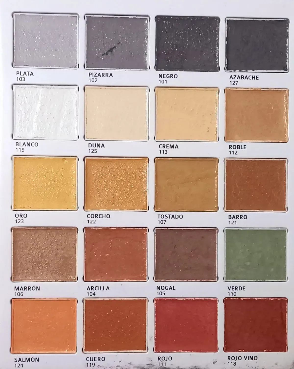 Muestras de color: filas de muestras rectangulares en varios colores, etiquetadas con nombres