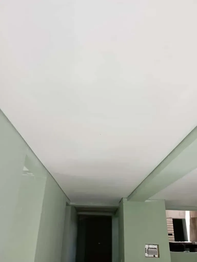 Techo blanco con paredes verde menta y una puerta oscura.