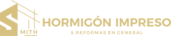 Logo for MITH Hormigón Impreso & Reformas en General featuring a gold geometric letter S icon with architectural lines.