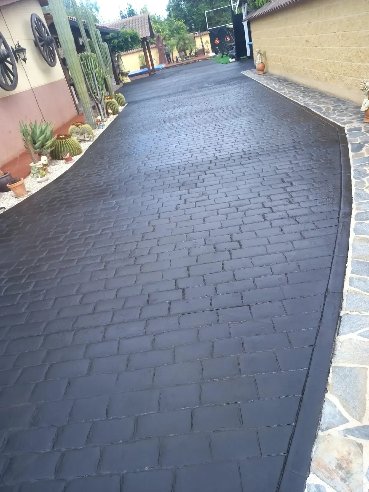 Entrada pavimentada con ladrillos negros. Edificios y plantas a ambos lados.