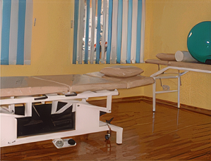 Arztpraxis: Schreibtisch mit Laptop, zwei Stühle, Untersuchungsliege, Poster und Fenster mit Pflanzen.