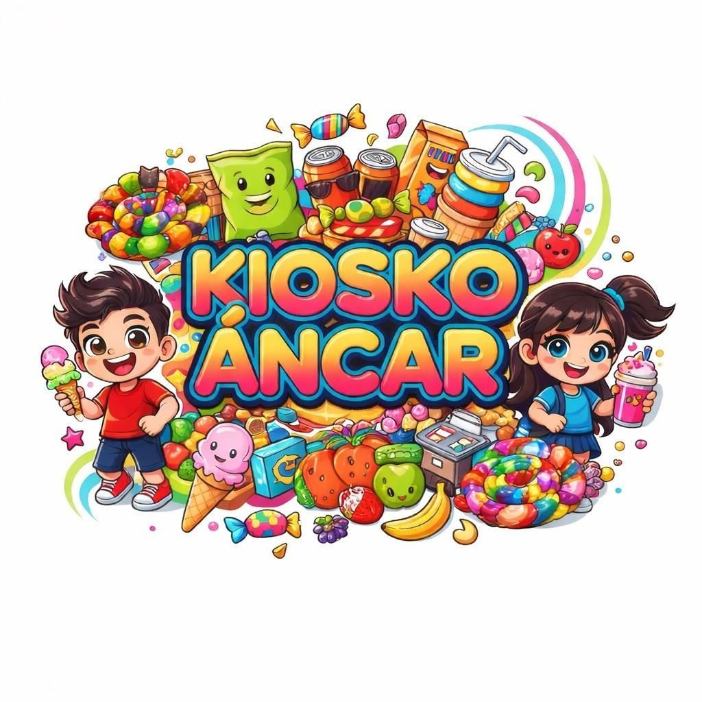 Logotipo colorido de una tienda de dulces que dice “Kiosko Áncar” con dulces de dibujos animados y niños sonrientes a su alrededor.