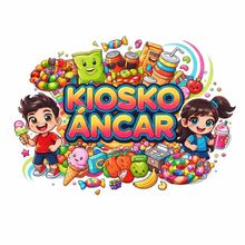 Logotipo colorido de una tienda de dulces que dice “Kiosko Áncar” con dulces de dibujos animados y niños sonrientes a su alrededor.